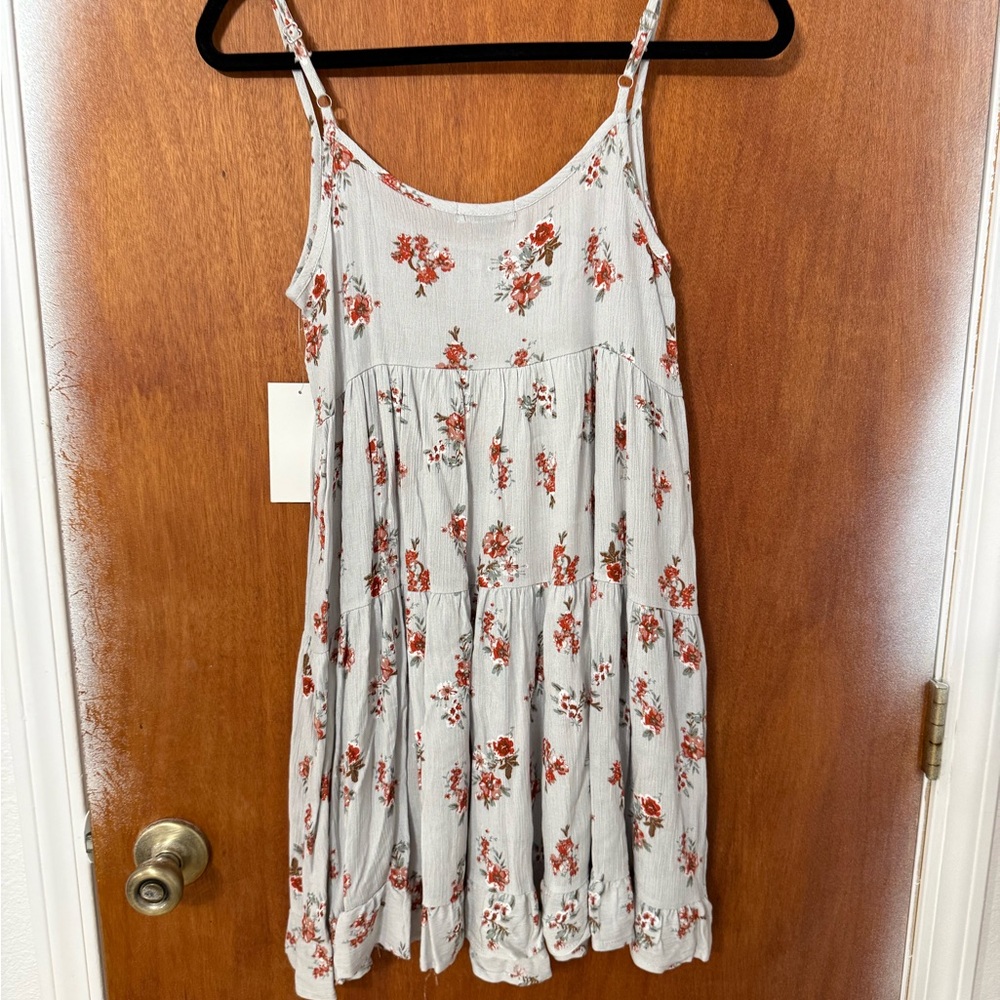 Floral Tiered Midi Dress in Light Gray with Rust Floral Print